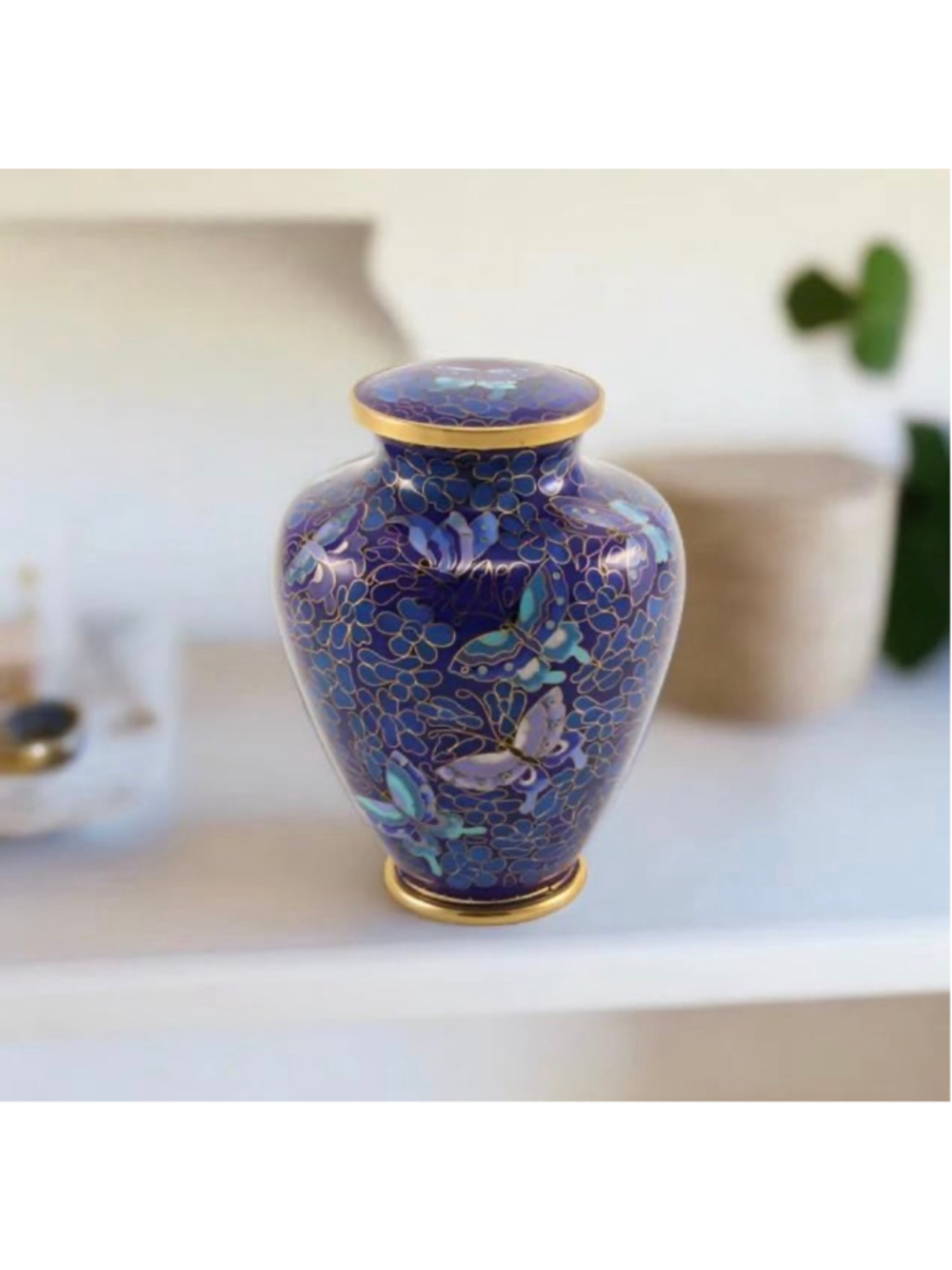 Blue Gold Cloisonne Butterfly Memorial Urn Small